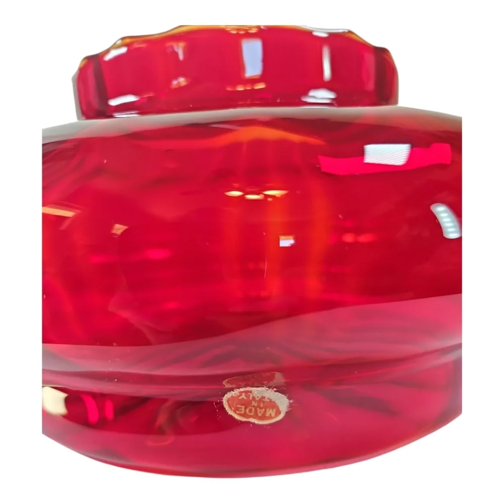MCM Empoli Art Glass Optic Ruby Red Bowl Vase Lamp Base Scalloped Edge